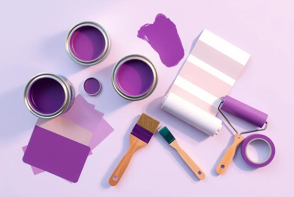 Pots de peinture, nuancier, brosses et rouleaux disposés à plat