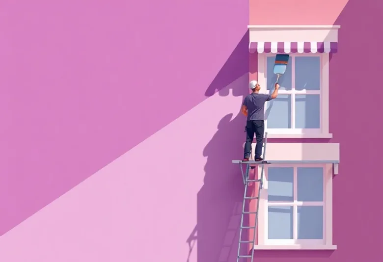 Peintre sur échafaudage traitant la façade d'une maison